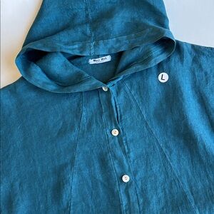 Meo Meli Aqua Blue Made In Italy Linen Hoodie 3/4 Sleeve Button‎ Top Women Large
